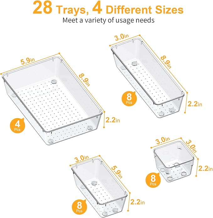 SMARTAKE 28 Piece Drawer Organizers with Non-Slip Silicone Pads, 4-Size | Clear Desk Bathroom Drawer Organizer Trays Storage Tray for Makeup, Jewelry, Utensils in Bedroom Dresser, Office and Kitchen