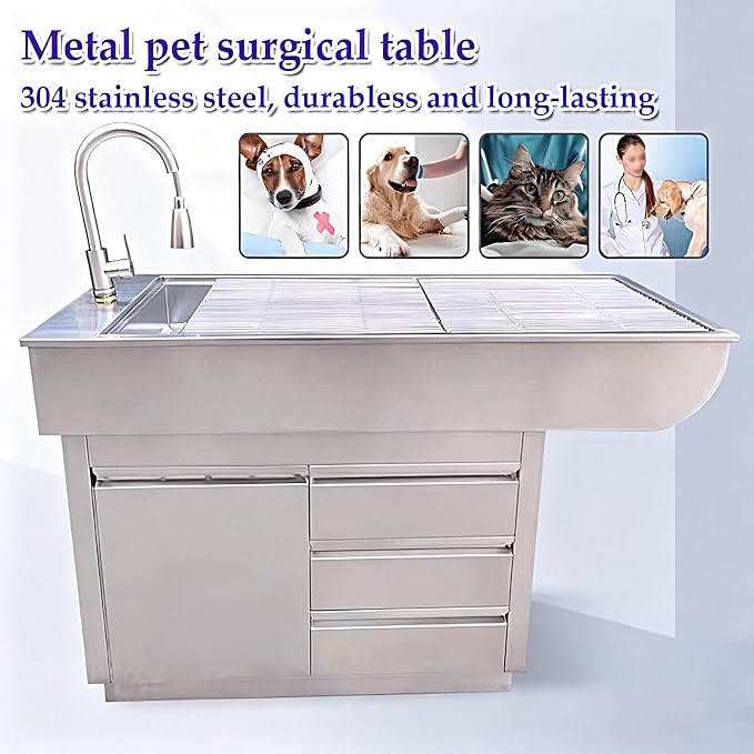Stainless Steel Pet Operating Table with 3 Drawers and 1 Cabinet Treatment Tables for Cats And Dogs Professional Dog Grooming Table for Pet Treatment and Examination(120x60x88cm/47.2x23.6x34.6in)