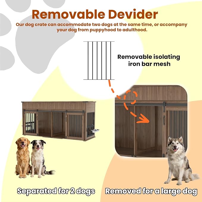 71'' Double Dog Crate Furniture, Large Dog Kennel Indoor with 360° Rotating Feeders and Removable Divider, XXL Wooden Dog Cage with Charging Station, Dog House TV Stand for Large Dog, Walnut