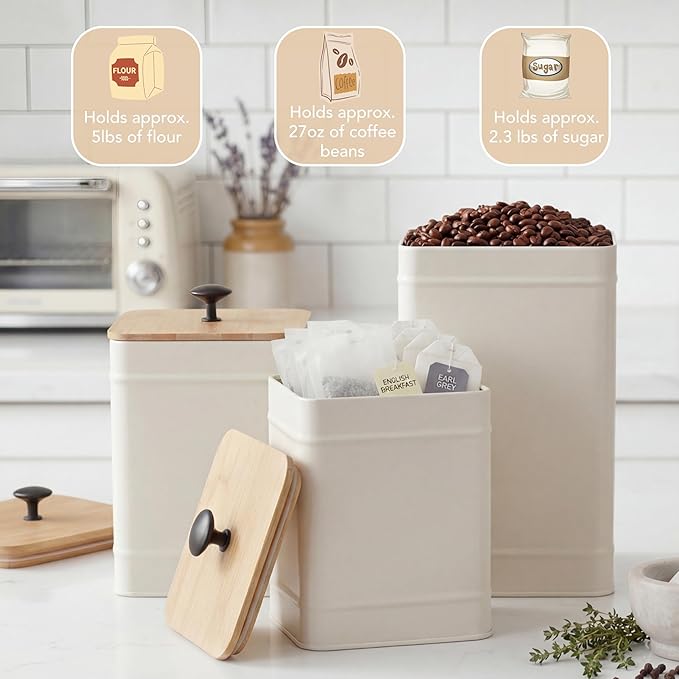 PERFNIQUE Kitchen Canisters for Countertop Set of 3, Airtight Canisters Sets for the Kitchen Counter with Lid, Metal Farmhouse Food Storage Containers Jars for Flour Sugar Coffee Tea Spice (White)