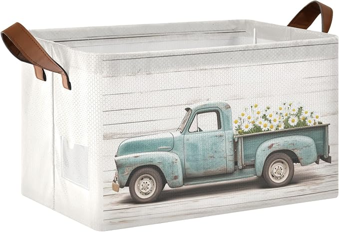 Vintage Truck with Daisies Wood Grain Storage Bins for Shelves with Labels&Handles Fabric Organizer Bin Foldable Rectangle Storage Basket Boxes for Closet, Bathroom, Home, Living Room