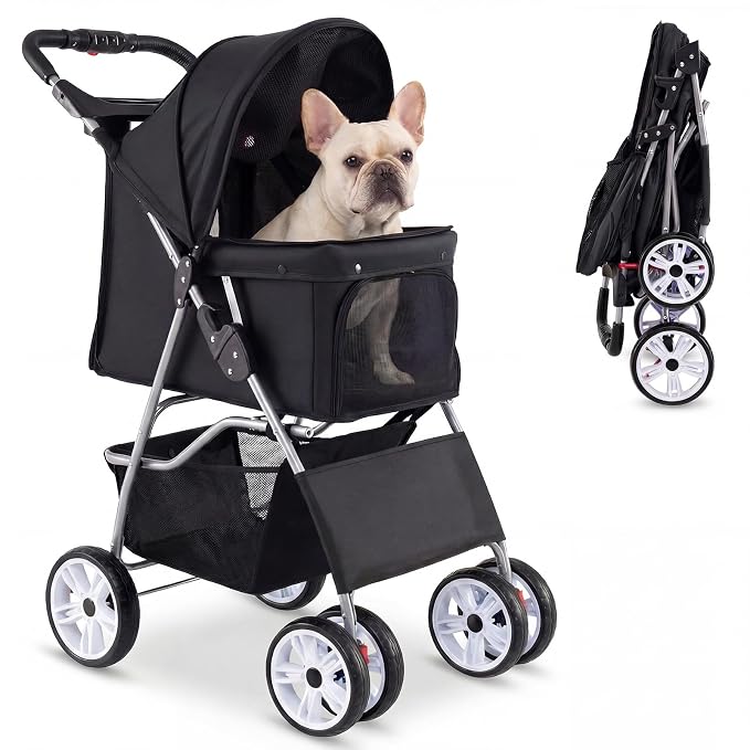 Giantex Foldable Pet Stroller for Small Dogs & Cats, Lightweight Dog Stroller with Lockable Wheels, One-Hand Quick Fold, Adjustable Canopy, Safety Leash & Storage Basket, Pet Travel Stroller, Black