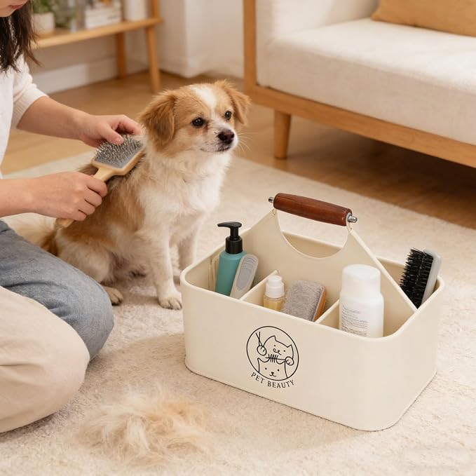Premium Dog Cat Grooming Organizer 4-Compartment,Metal Caddy for Pet Stuff with Wooden Handle-Powder Coated Storage Bin for Dog Cat Grooming Kit, Nursing Supplies -Cream White