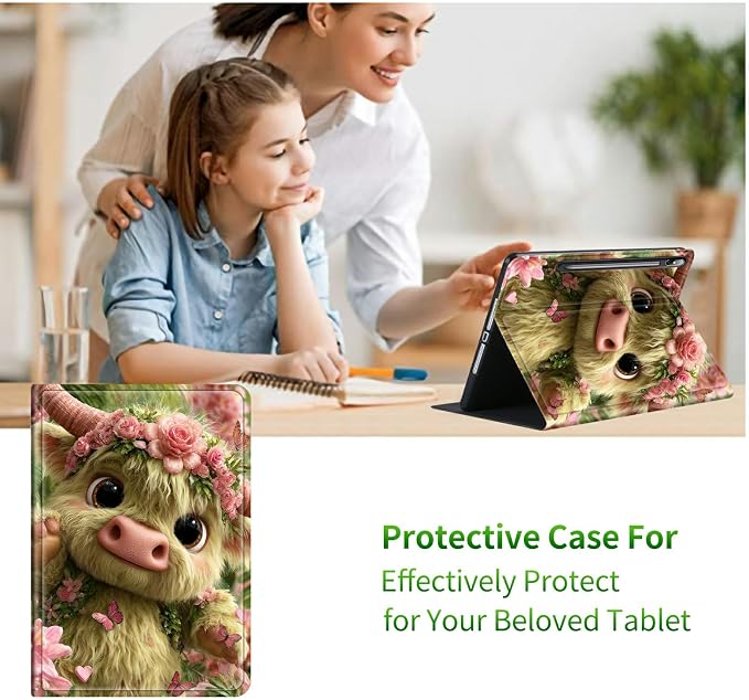 Case for Samsung Galaxy Tab S8 Plus 2022/S7 FE 2021/S7 Plus 2020 12.4" | Slim Leather Smart Cover with Multi-Angle Anti-Slip Stand [Auto Wake/Sleep] Shell for Women Men, Pink Flower Cow