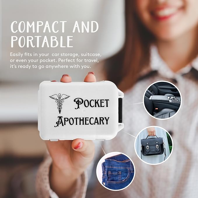 Pill Box with Sticker Labels - 10 Compartments Daily Pill Container - Travel Toiletries Medication Case with Secure Snap-Lock Closure