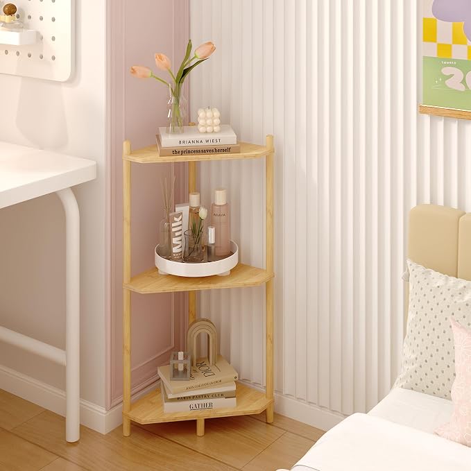 Wisuce Natural Small Corner Shelf Stand, 3-Tier Bamboo Corner Bookshelf | Space-Saving Narrow Corner Shelf | Bathroom Corner Shelf | Shelves for Bedroom, Living Room, Kitchen & Plant Display