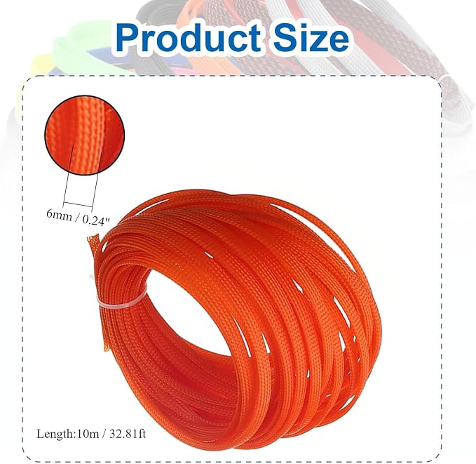 Heyiarbeit 10m/32.8ft PET Expandable Braid Cable Sleeving Flexible Wire Mesh Sleeve Orange 6mm