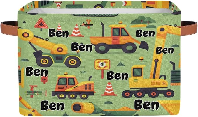 Personalized Name Storage Basket Handles for Boys, Canvas Storage Bins Toys Clothes Organizer for Bedroom, Kitchen, Bathroom, Nursery, Shelves, Closets, Cartoon Excavator Construction Vehicle