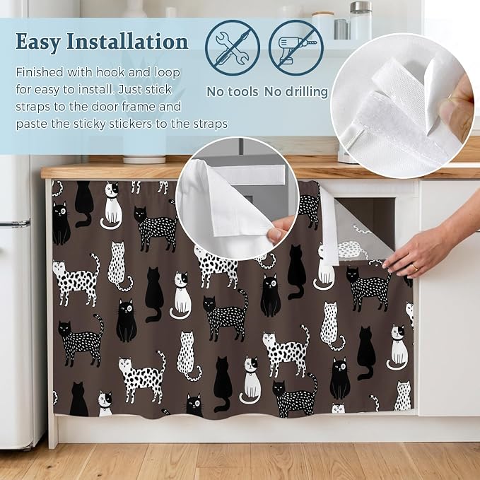 Cat Animal Cabinet Curtain 32"Wx55"L, Dustproof Pantry Door Curtain with Self Adhesive Tape, Black White Earthy Tone Vintage Pet Tall Storage Cover Privacy Drape for Bathroom Kitchen Laundry Room