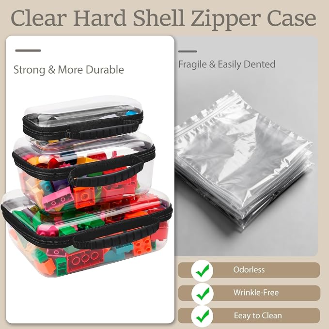 3 Pack Clear Hard Shell Zipper Storage Case Deep Capacity Organizer Pouches | PET Waterproof Transparent Bags with Handle 1.2mm Thick for Makeup Toiletries Cosmetics Toys Art Supplies Travel Essentials