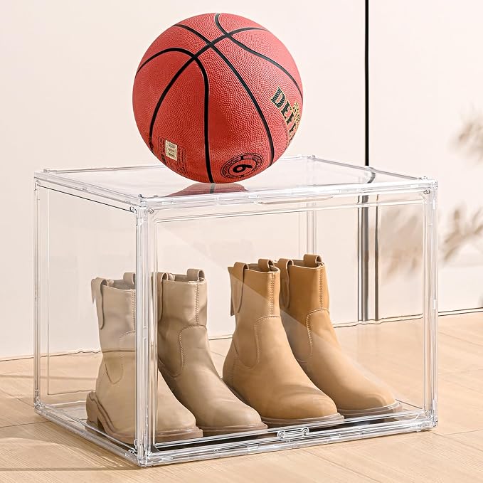 XXX-Large Clear Display Case 17.7" x 13" x 13" Extra Large Display Organizer Box with Magnetic Door, Stackable Acrylic Storage Bin for Boots, Shoes, Collectibles, Bags, Figures