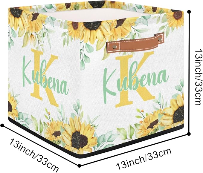 Personalized Name-Initial Sunflower Storage Baskets for Girls Women, Custom Portable Square Storage Bins with Handles Foldable Organizer for Clothes, Toys, Blanket, Towel,Pet 13”
