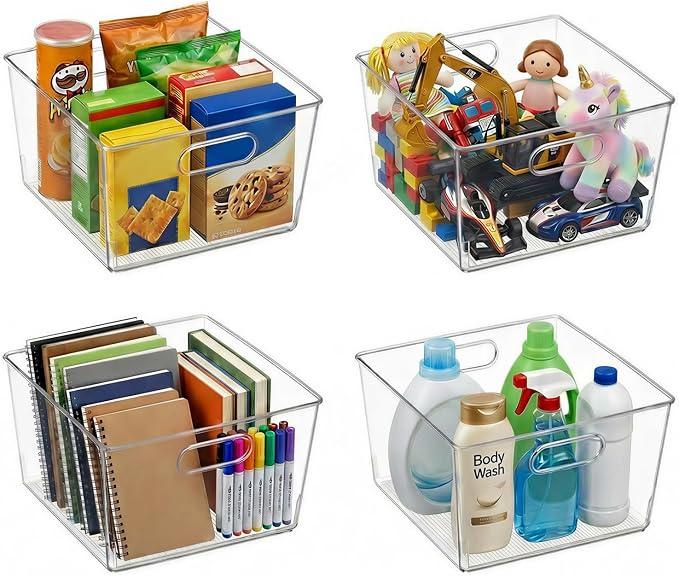 MOONEDGE 4-Pack 12x12x7 Extra Large Clear Plastic Storage Bins with Handles | Cube Acrylic Organizer Square Containers for Pantry,Closet,Kitchen,Bathroom,Laundry,Under-sink,All-In-One Organization