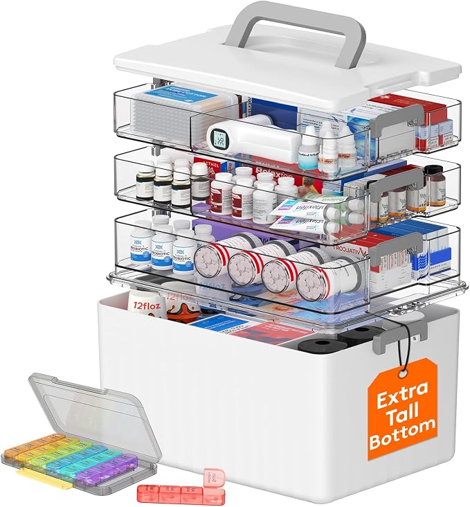 Lifewit 4-Tier Extra-Tall Medicine Cabinet Organizer with Handle& Pill Case | Deep Bottom Fits 7.1" Bottles, Portable Empty First Aid Box for Vitamin, Sewing, Tackle, Tool, Bathroom Under Sink Storage