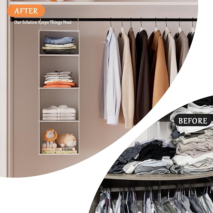 Hanging Closet Organizer with Bamboo Shelves - Foldable Closet Storage for Baby Clothes, Towels, Scarves,Space Saving Shelves Organizer (White)