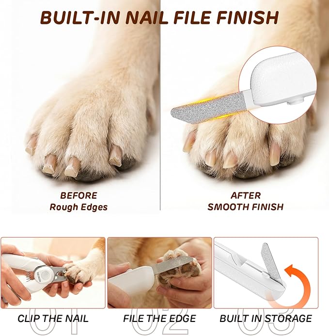 Dual-LED Pet Nail Clippers with Stepless Brightness Adjustment, Side Lock & Retractable File, Anti-Slip Handles for Dogs and Cats (White)