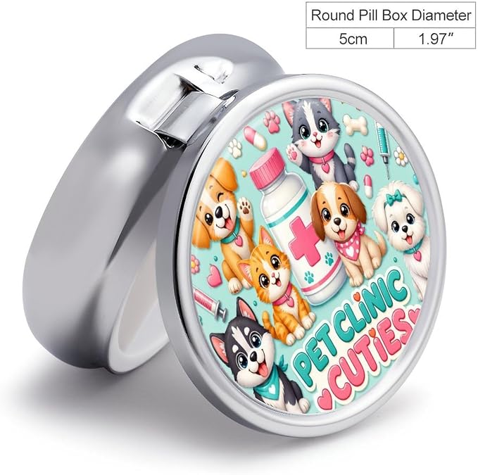 Cute Pet Clinic Playtime Party Round Pill Box with 3 Compartments, Portable Travel Pill Organizer with Spring Snap Closure for Vitamins Supplements Fish Oil