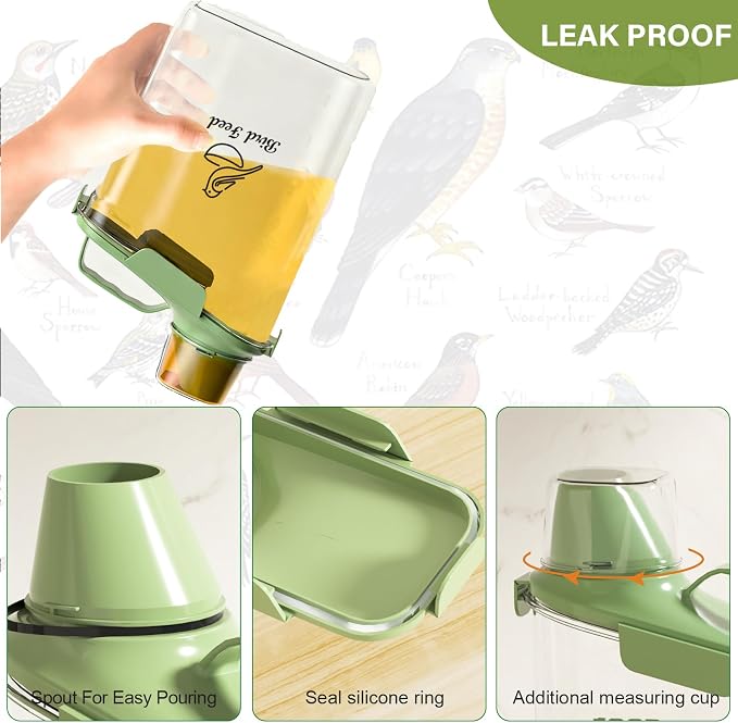 Bird Seed Storage Container Portable-3 Qt/2.8 L Clear Pet Food Container-with Measuring Cup/Lid,Airtight Wild Bird Seed Dispenser for Storing Sunflower Seed|Squirrel proof|BPA Free-Green