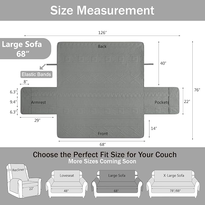 Boho Quilted Pet-Friendly Couch Covers with Pockets, Anti-Slip Aztec Couch Covers for 3 Cushion Couch Sofa, Gray Couch Cover for Dogs Water-Repellent Machine Washable (Large Sofa 68", Gray)