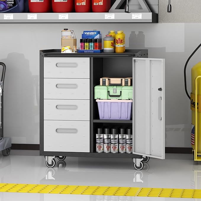 Metal Storage Cabinet for Garage, Tool Cabinet, Utility Cabinet | Wheeled, Rolling Tool Cabinet, 4 Drawers, 1 Door Lockable, Top Countertop, Assembly Required, Black & Grey