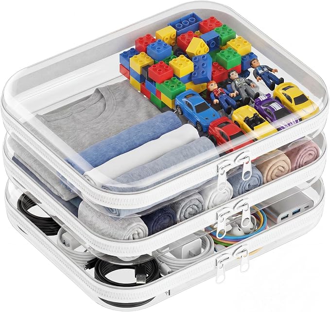 3 PCS Clear Hard Shell Zipper Case, Hard Plastic Zipper Pouches, Diaper Bag | Toy Organizer, Resistant, Storage Organizer Box for Travel, Makeup Bag, Toiletry Bag, Electronics, Pencil Pouches