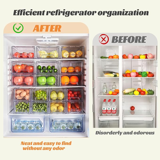 Clear Stackable Refrigerator Organizers and Storage Drawers - Pull-Out Fridge Bins with handles for Kitchen，Pantry，Cabinet，Bathroom, Undersink，Closet (2 Pack)