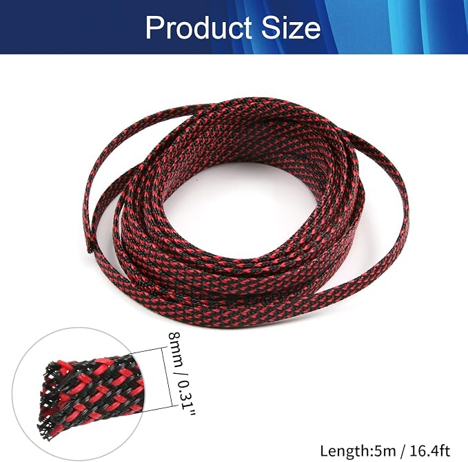 Jutagoss PET Expandable Braided Cable Sleeve, 16.4ft - 5/16 inch Black Red Cable Management Sleeve, Wire Loom Tube Cord Protector for USB Cable, Power Cord, Audio Video and More, 1Pc