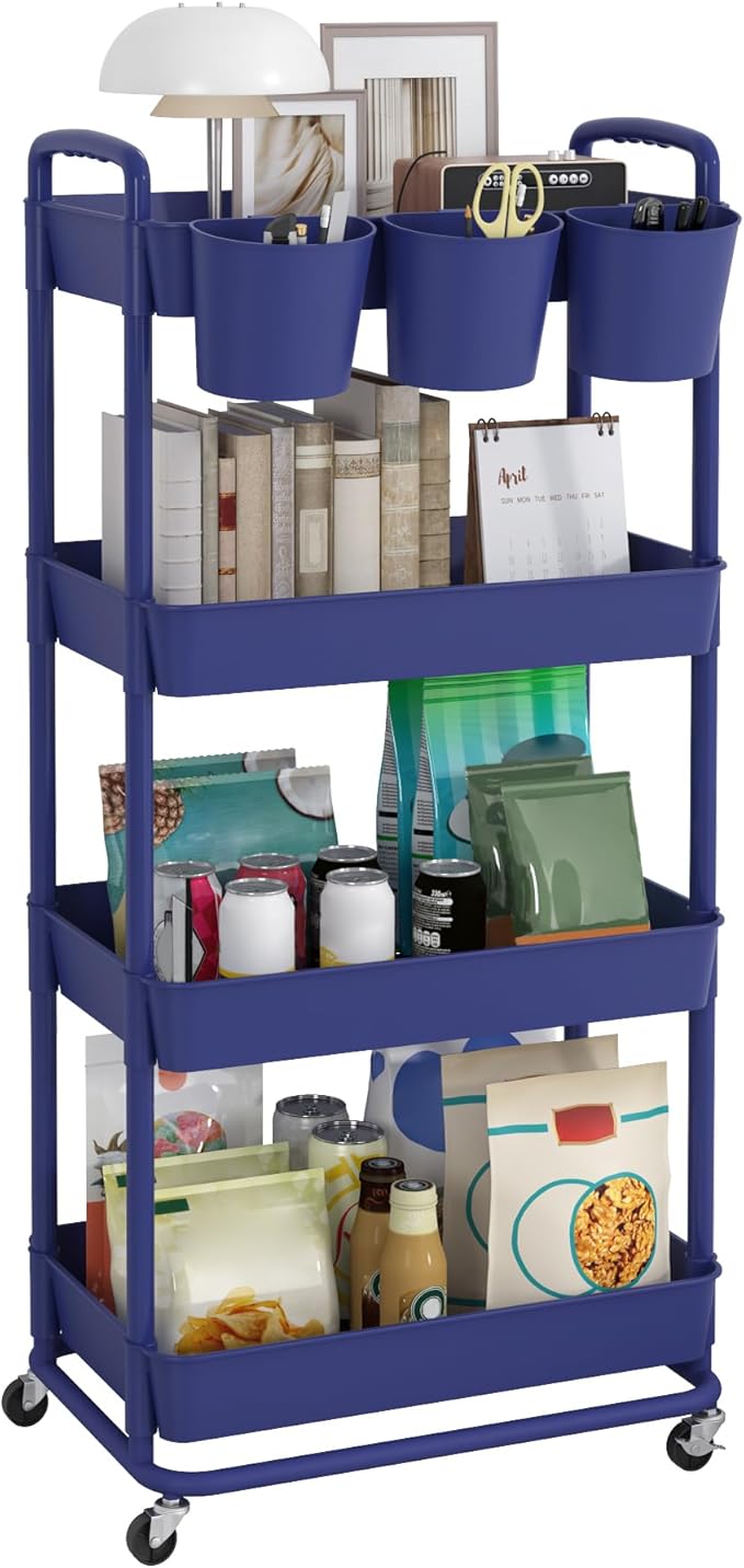 4-Tier Plastic Rolling Storage Cart Utility Cart Blue | Utility Cart with Extra Hanging Cups Arc-Shaped Handles Lockable Wheels for Living Room Bathroom Kitchen Office
