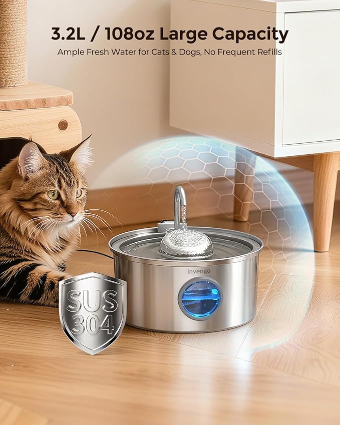Invengo Cat Water Fountain Stainless Steel, 108oz/3.2L Pet Fountain with Large Water Level Window, Ultra Quiet Automatic Cat Water Dispenser for Cats and Dogs, 2 Flow Modes, Splash-Proof Design
