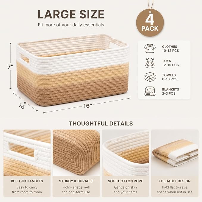 4 sets of hand-woven cotton rope storage boxes, suitable for toys, books, clothes, bathrooms, car trunks used for organizing decoration, Khaki color Two 16x14x7 in two 14x10x7in