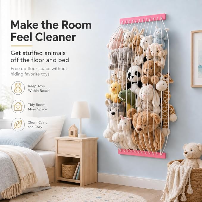 Stuffed Animal Storage Wooden Soft Toy Storage for Kids Room，Wall Mount Door Hanging Stuffed Animal Toy Organizer Shelf for Nursery Play Room Pink -Patent