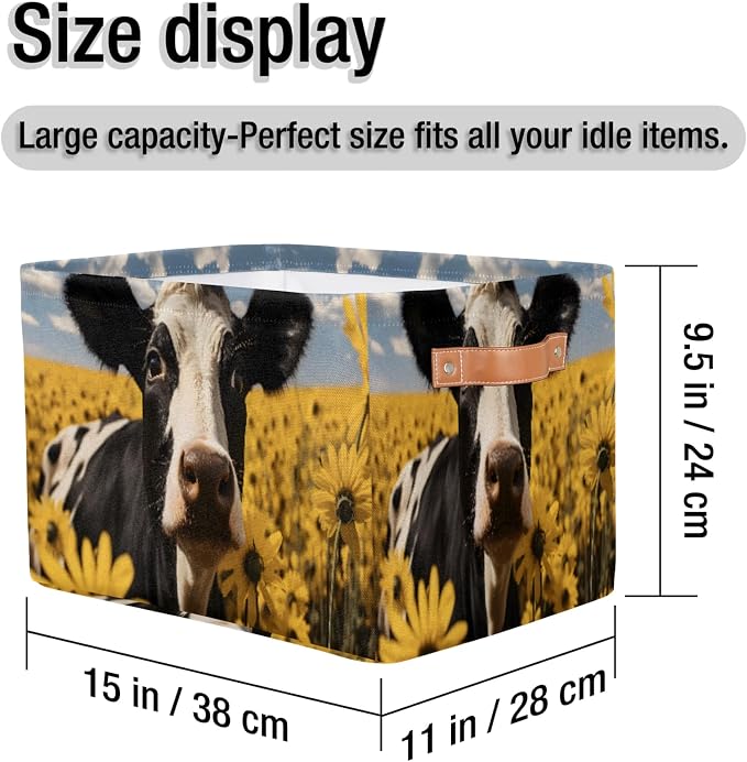 Cow Sunflower Storage Basket Bin Memorial Day Large Fabric Toys Storage Cube Box with Handles Collapsible Closet Shelf Cloth Organizer for Nursery Bedroom Bathroom