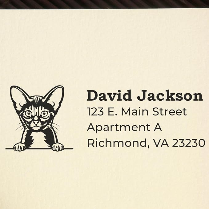 Peeking Abyssinian Cat Wood Handle Address Stamp - Custom Stamp for Mail | Any standard pad works. Abyssinian Cat Envelope Stamp. Custom Address Stamp for Pet Sitters. 4 lines. Nothing to dry out.