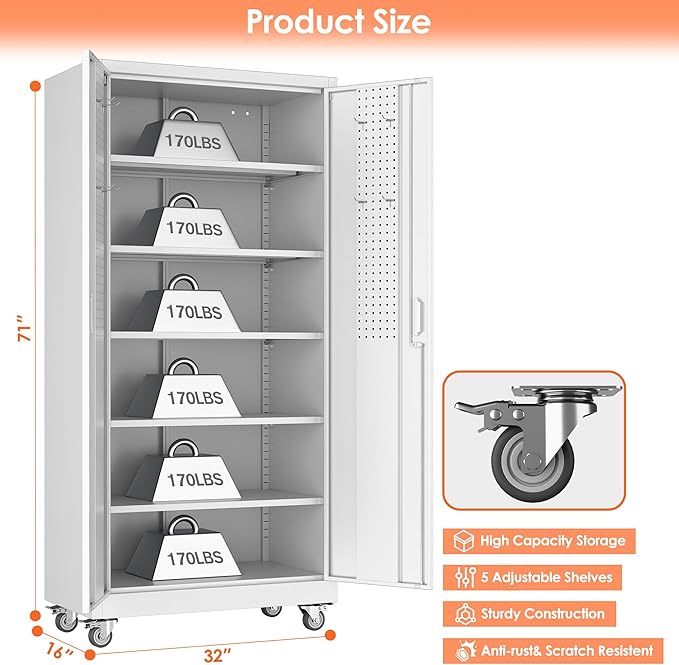 71" White Metal Storage Cabinet with Wheels and Pegboard | 16"D x 32"W x 71"H steel cabinet; lockable doors, 5 adjustable shelves, and wheels for garage, office, pantry.