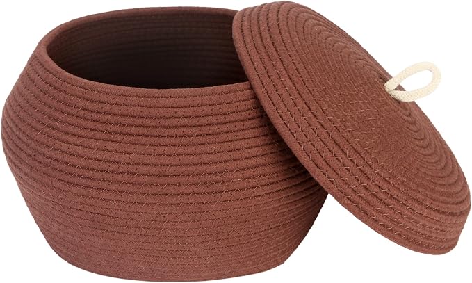 Sea Team Round Woven Cotton Rope Storage Basket with Lid, Brown | Lidded Knitted Decorative Storage Bin, Pot, Caddy, Organizer, Container for Snacks, Towels, Plants, 13 x 9 Inches