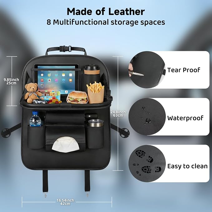 Car Seat Back Organizer with Foldable Table Tray Back of Seat Car Organizer with Touch Screen Phone Holder Premium Pu Leather Material for Kids, Pets & Travel Accessories(1 Pack)