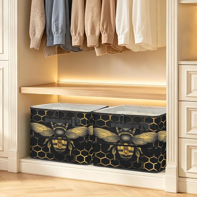 TropicalLife Wildlife Bee Shoe Organizer for Closet | Geometric Honeycomb Foldable Shoe Storage Organizer Box Bin with Adjustable Dividers and Clear Cover, Fits up to 16-32 Pairs