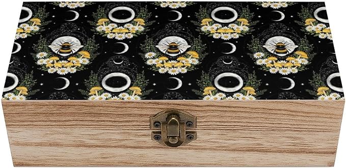 Wooden Storage Boxes Decorative Keepsake Organizer with Lid, Witchy Gothic | Moon Mushroom Floral Bee Memory Box for Picture Letters, Holiday Party Decoration, 9.2x5.5x3.9 Inch