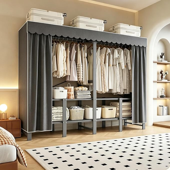 47.2in Heavy Duty Portable Closet with Dark Gray Cover | Foldable Covered Clothes Rack for Hanging Armoire Wardrobe Closet System Freestanding Coat Storage Garment Racks