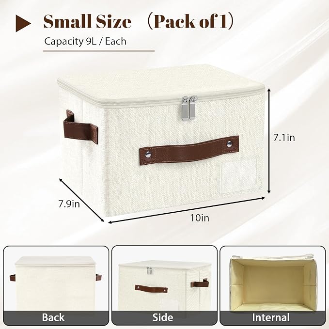 ANMINY Small Storage Box Fabric Bins with Zipper Lid, 10"x8"x7" Beige | Keepsake Box, Decorative, Cotton Linen, Reinforced PP Board Frame, Washable, Stackable & Foldable, Label Holder & PU Handles