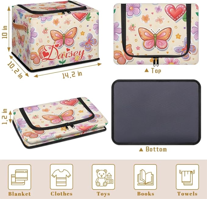 Custom Cute Butterfly Storage-Bin With Zipper Lid for Kids-Girls-Boys-Baby-Pet,Personalized Name Foldable Storage Box with Handle,Baby Basket With Label for Bedroom Nursery Toy Clothes,Light Yellow
