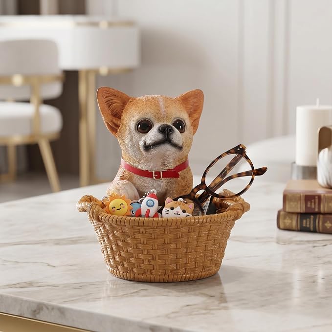 Cute Chihuahua Candy Bowl, Resin Dog Figurine Key Bowl for Entryway Table, Desktop Storage Basket Organizer for Desk, Unique Dog Lover Gift