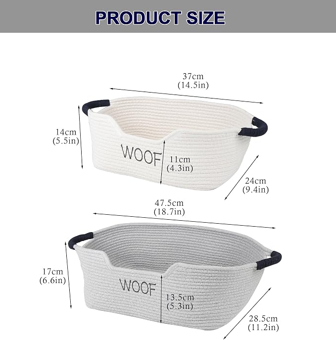 2 pack Dog Toy Baskets ,Pet Rope Basket for Dog Cat Toys,Dog Toy Bin with Handles,Woof Puppy Toy Storage Basket,Puppy Bed,Dog Stuff Organizer for Toys,Collar,Leash,Nursing Supplies-Beige+Gray