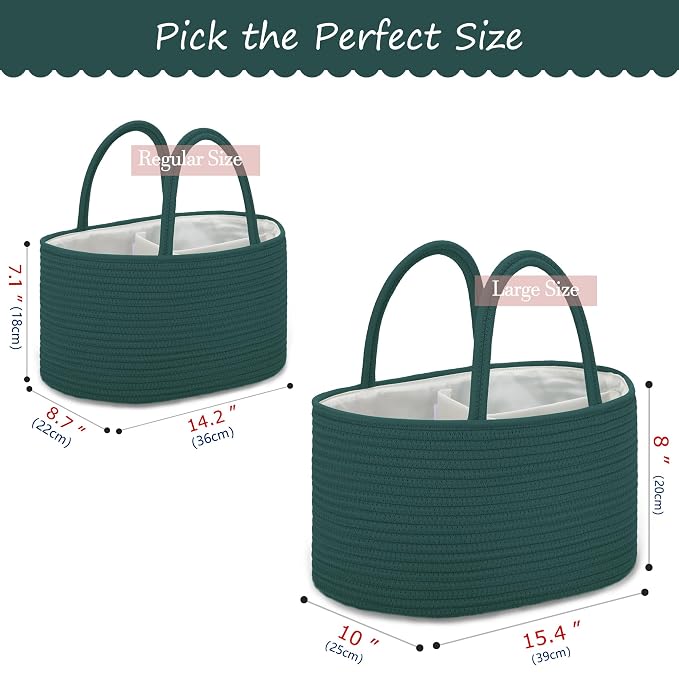 COMSE Baby Diaper Caddy Organizer with Handles, Cotton Rope, Dark Green
