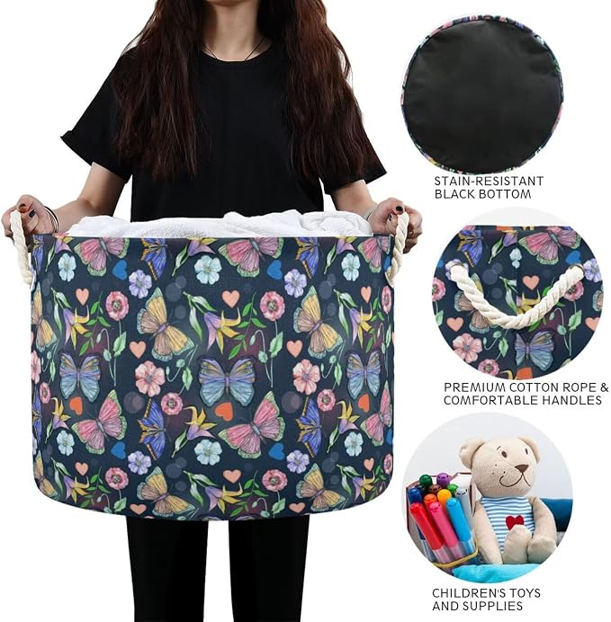 Butterfly Floral Collapsible Round Storage Basket with Handles | Floral Print Large Laundry Baskets Hamper, Clothes Organizer Bin for Nursery Bedroom Living Room Decor, 20x 20x 14 Inches