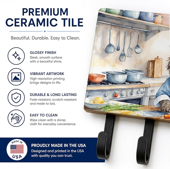 Caroline's Treasures Bergamasco Sheepdog The Chef Leash or Key Holder Wall Hooks, Key Hooks Holder, Coat Rack Wall Mount, Coat Hooks, Hooks for Hanging Keys, Towels, Aprons, Leashes | Bergamasco Sheepdog The Chef artwork on ceramic tile with three stee...