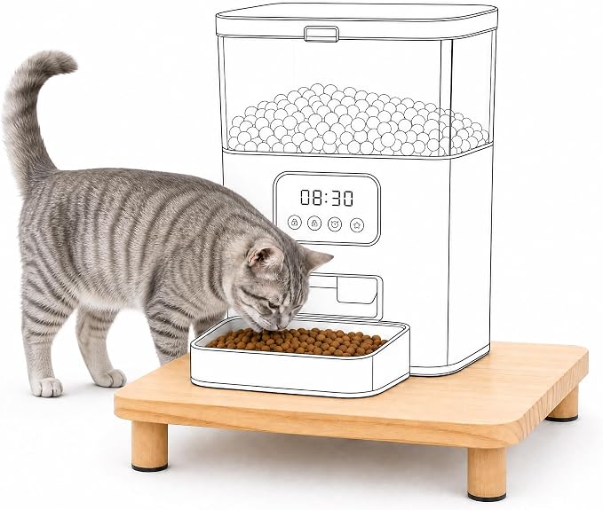 Elevated Cat Food Stand for Automatic Feeder, 2.4" Raised Cat Bowl Stand | Pet Food Station for Neck & Joint Care, Waterproof Solid Wood Cat Feeder Stand, Cat Food Table with Non-Slip Feet