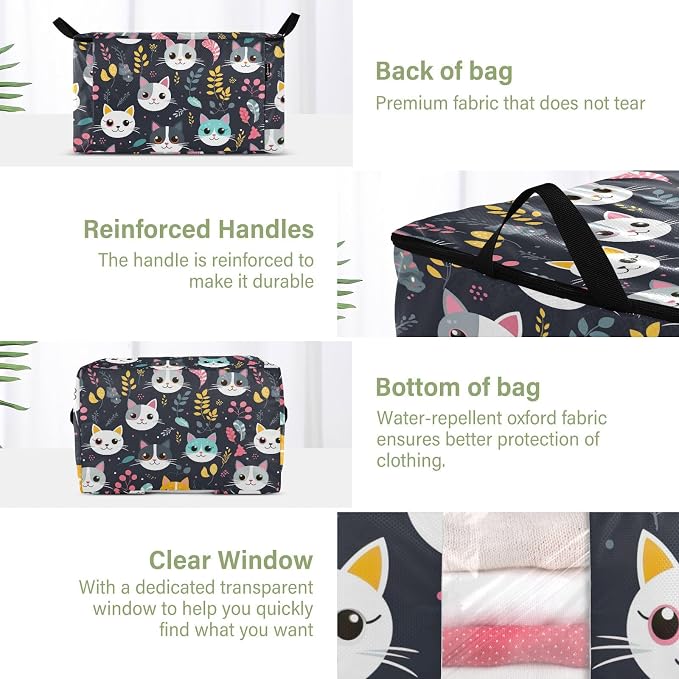 Generic Cute Cats Plant Black Clothes Storage Bag Bins 2 Pack Foldable Storage Containers Large Closet Organizer with Zipper Quilt Bag for Clothing Bed Sheets Comforters 95L, g355896543p976c1037s2358
