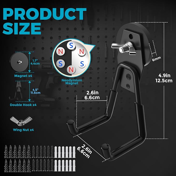 4 Pack Large Strong Magnetic Hooks Heavy Duty Garage Big Magnet Hooks Extra Strength Magnetic Utility Storage Hook Hanger with Anti Slip Coating for Garden Indoor Outdoor Hanging Tools Black