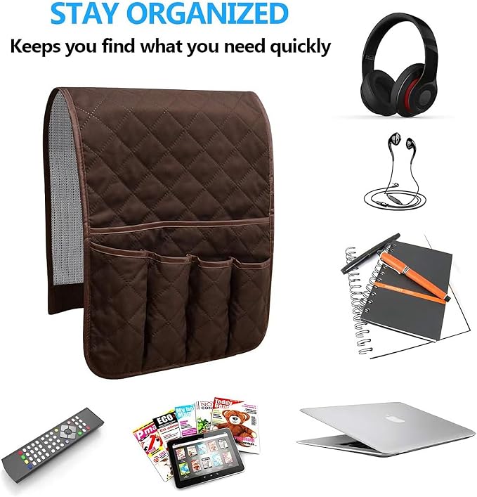 Armchair Caddy for Recliner, Non Slip Sofa Arm Organizer, Coffee | 5-Pocket Recliner Armrest Organizer, Couch Side Storage Holder for Remotes, Cell Phone, Magazines & Tablets, Machine Washable